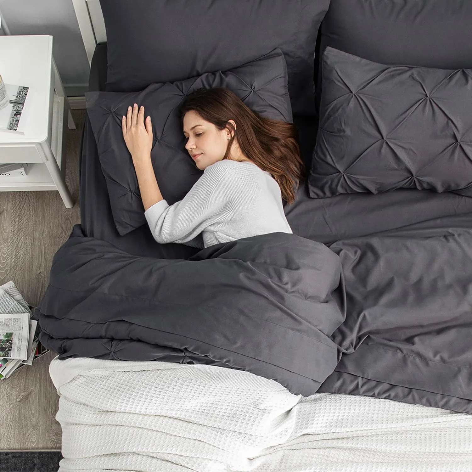 Bedsure King Size Comforter Set Dark Grey - Bed in a Bag King Size 7 Pieces, GentleSoft™ Pintuck Bed Set Gift for Family, Pinch Pleat Dark Grey Comforter with Sheets, Pillowcases & Shams