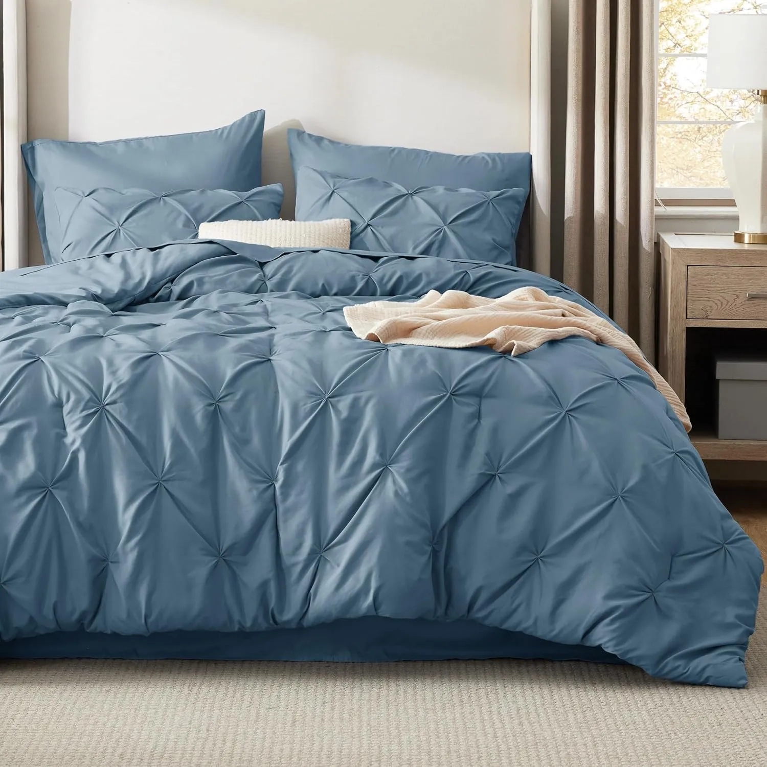 Bedsure King Size Comforter Set Mineral Blue - Bed in a Bag King Size 7 Pieces, GentleSoft™ Pintuck Bed Set Gift for Family, Pinch Pleat Mineral Blue Comforter with Sheets, Pillowcases & Shams
