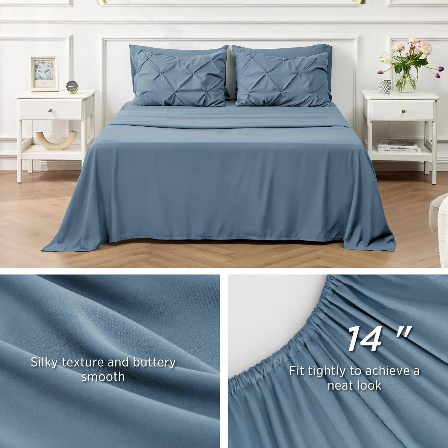 Bedsure King Size Comforter Set Mineral Blue - Bed in a Bag King Size 7 Pieces, GentleSoft™ Pintuck Bed Set Gift for Family, Pinch Pleat Mineral Blue Comforter with Sheets, Pillowcases & Shams