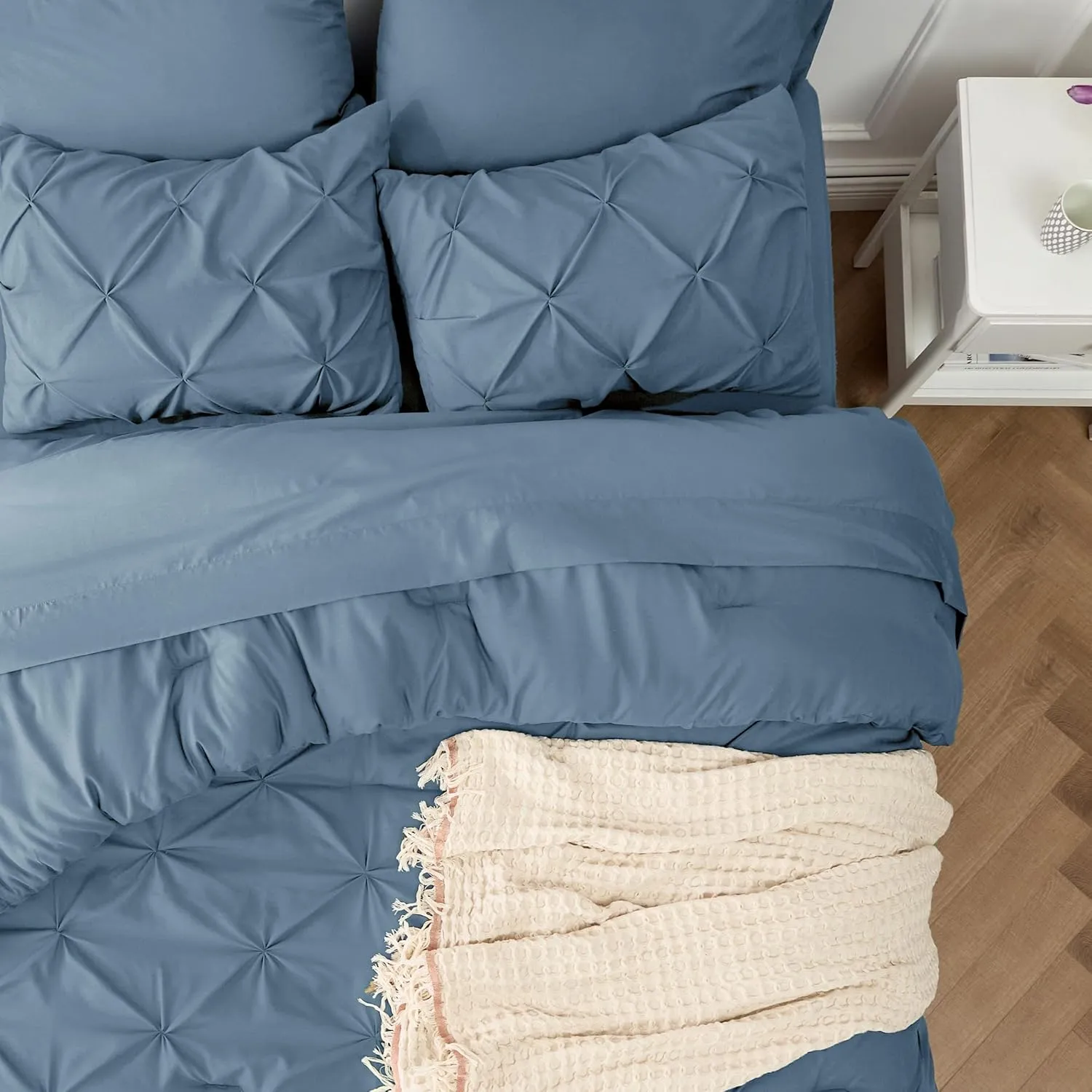 Bedsure King Size Comforter Set Mineral Blue - Bed in a Bag King Size 7 Pieces, GentleSoft™ Pintuck Bed Set Gift for Family, Pinch Pleat Mineral Blue Comforter with Sheets, Pillowcases & Shams