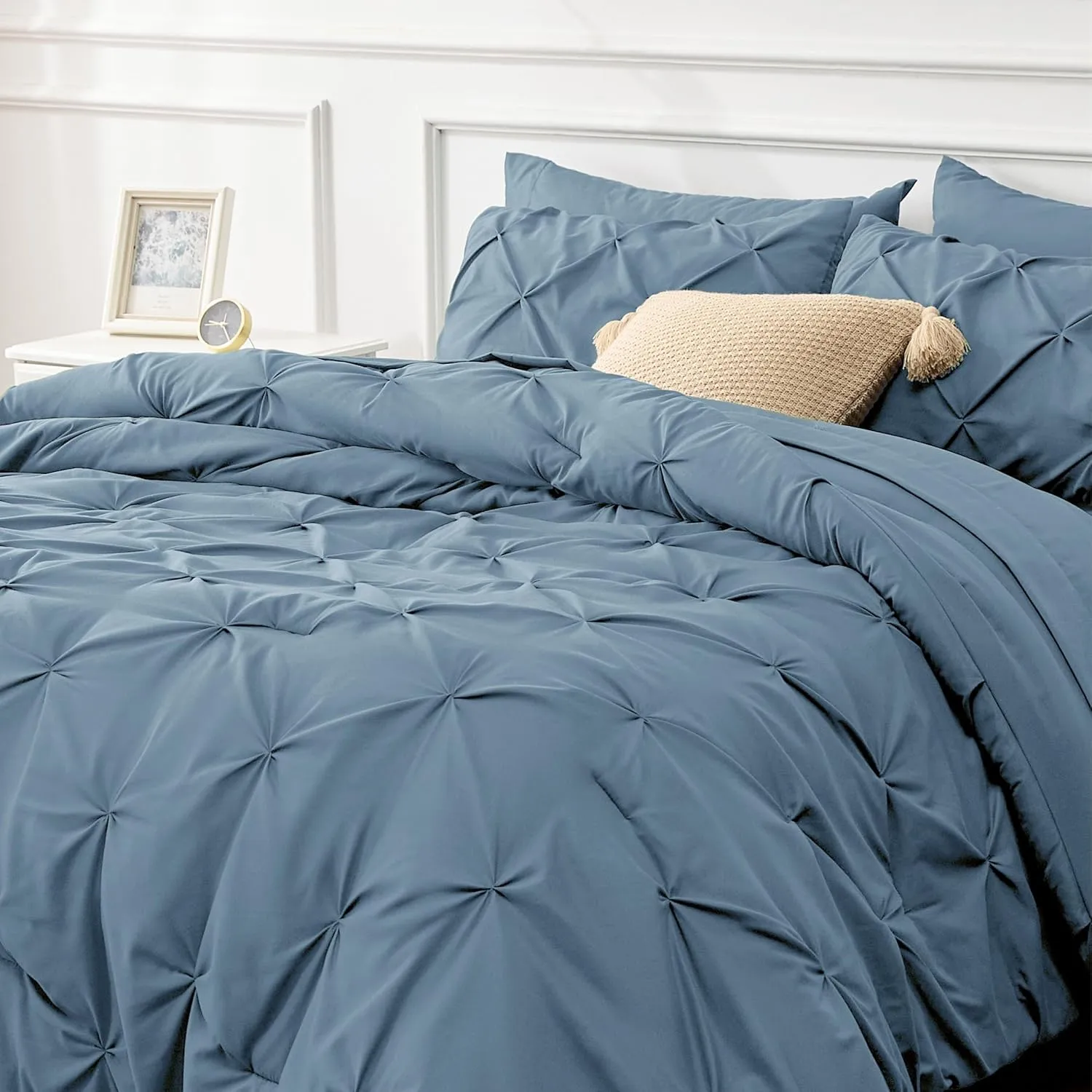 Bedsure King Size Comforter Set Mineral Blue - Bed in a Bag King Size 7 Pieces, GentleSoft™ Pintuck Bed Set Gift for Family, Pinch Pleat Mineral Blue Comforter with Sheets, Pillowcases & Shams