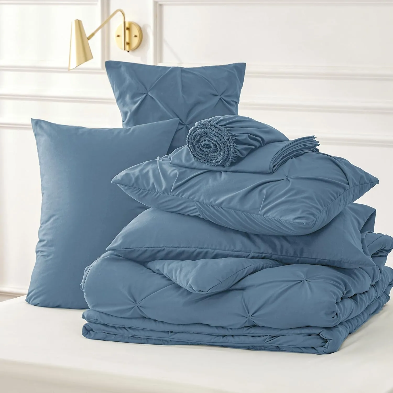 Bedsure King Size Comforter Set Mineral Blue - Bed in a Bag King Size 7 Pieces, GentleSoft™ Pintuck Bed Set Gift for Family, Pinch Pleat Mineral Blue Comforter with Sheets, Pillowcases & Shams
