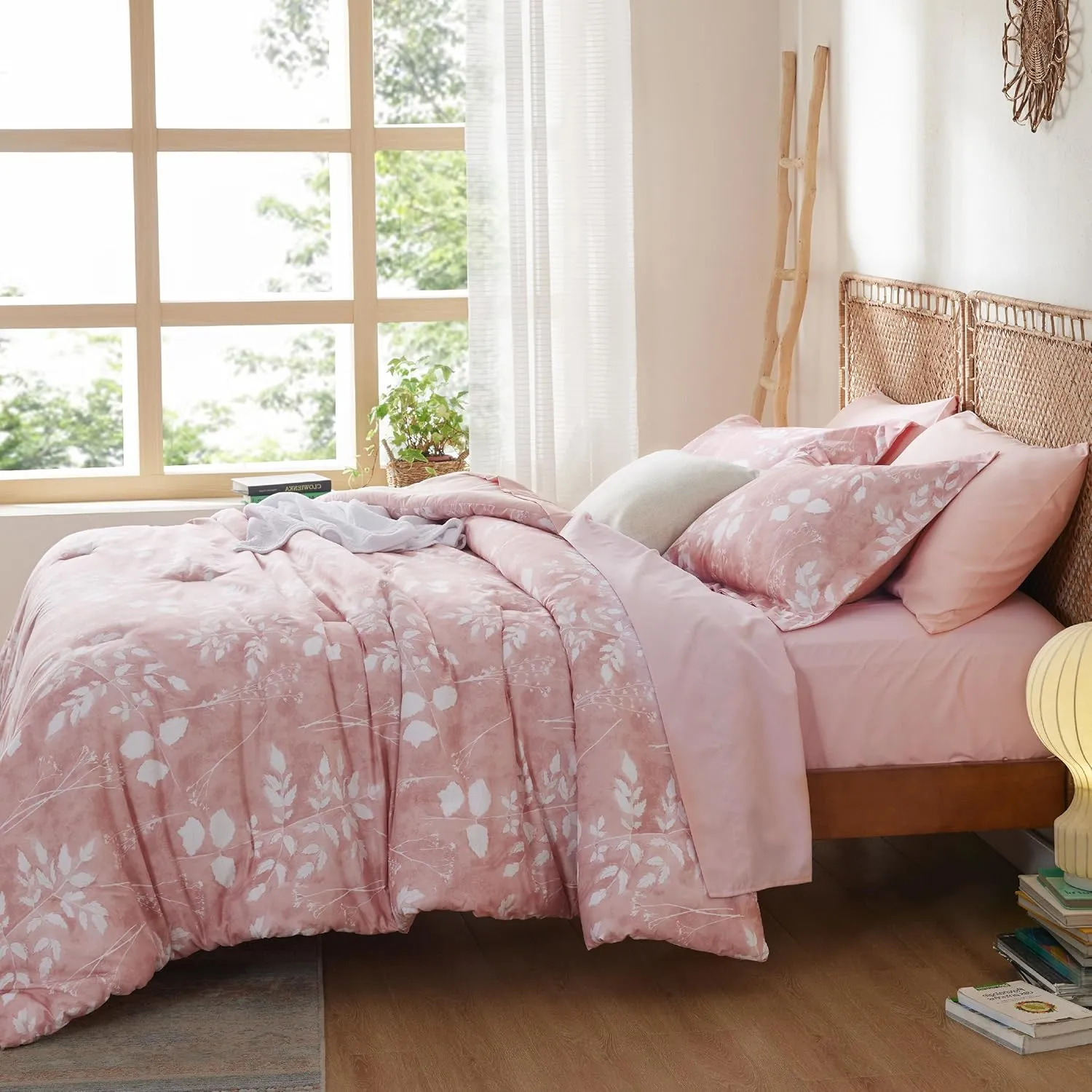 Bedsure Queen Comforter Set - 7 Pieces Floral Pink Soft Bedding Sets, Queen Bed in a Bag with Botanical Flowers Comforter, Sheets, Pillowcases & Shams