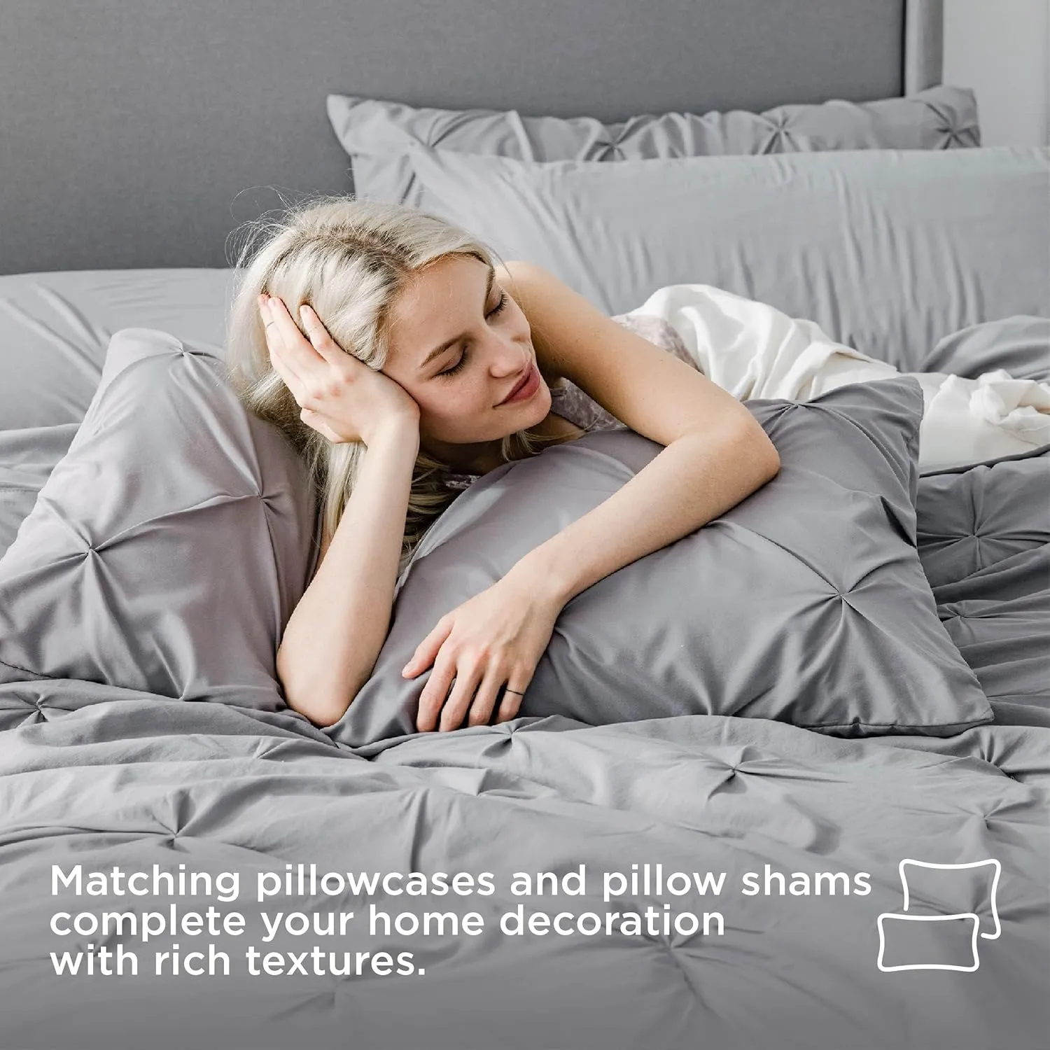 Bedsure Queen Comforter Set Grey - Bed in a Bag Queen Size 7 Pieces, GentleSoft™ Pintuck Bed Set Gift for Family, Pinch Pleat Grey Comforter with Sheets, Pillowcases & Shams