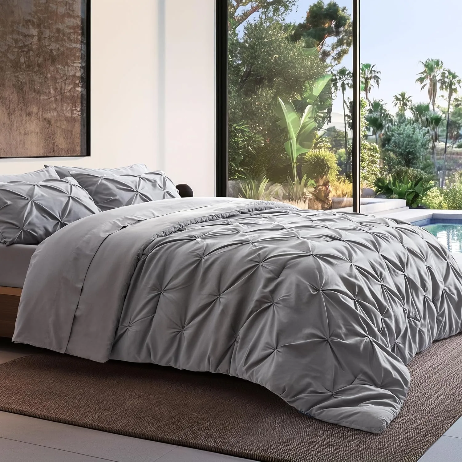 Bedsure Queen Comforter Set Grey - Bed in a Bag Queen Size 7 Pieces, GentleSoft™ Pintuck Bed Set Gift for Family, Pinch Pleat Grey Comforter with Sheets, Pillowcases & Shams