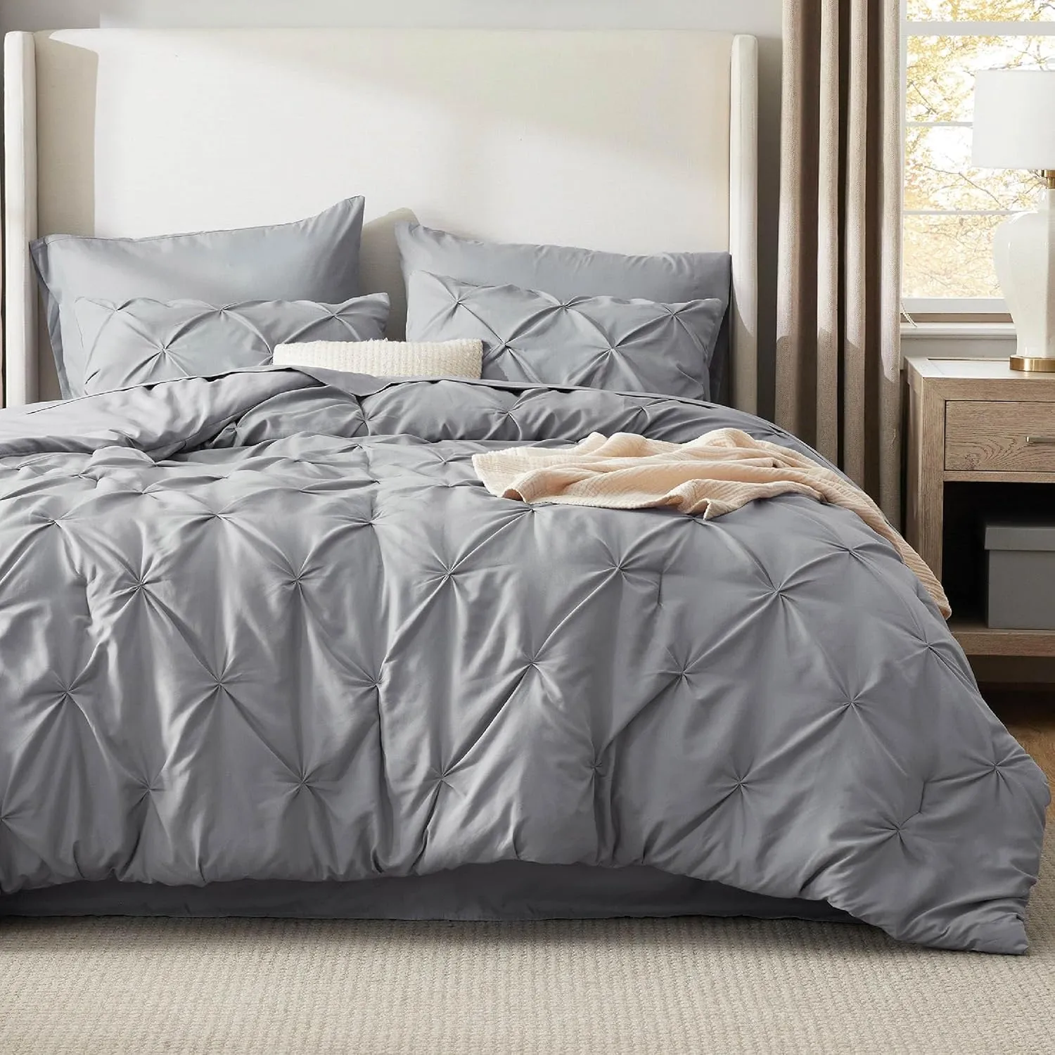 Bedsure Queen Comforter Set Grey - Bed in a Bag Queen Size 7 Pieces, GentleSoft™ Pintuck Bed Set Gift for Family, Pinch Pleat Grey Comforter with Sheets, Pillowcases & Shams