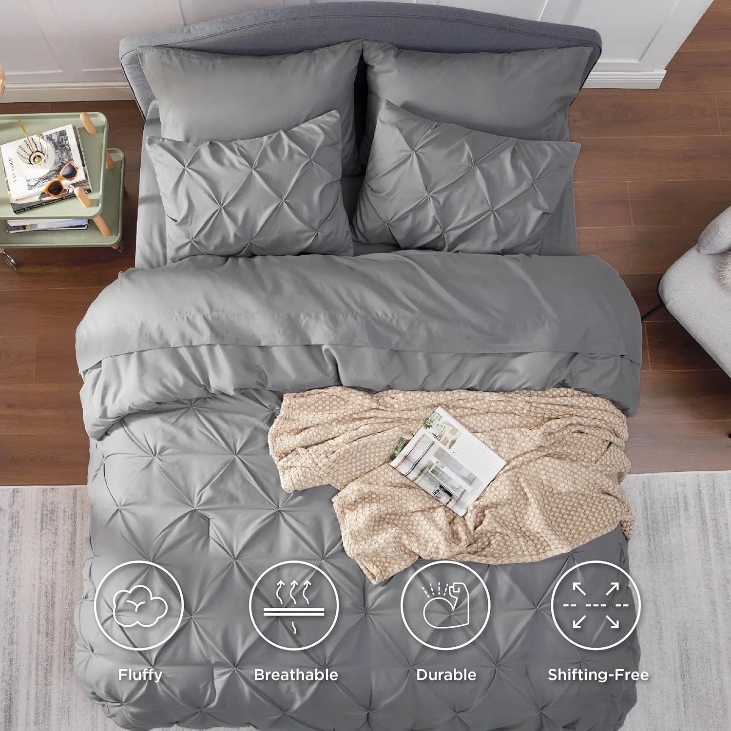 Bedsure Queen Comforter Set Grey - Bed in a Bag Queen Size 7 Pieces, GentleSoft™ Pintuck Bed Set Gift for Family, Pinch Pleat Grey Comforter with Sheets, Pillowcases & Shams