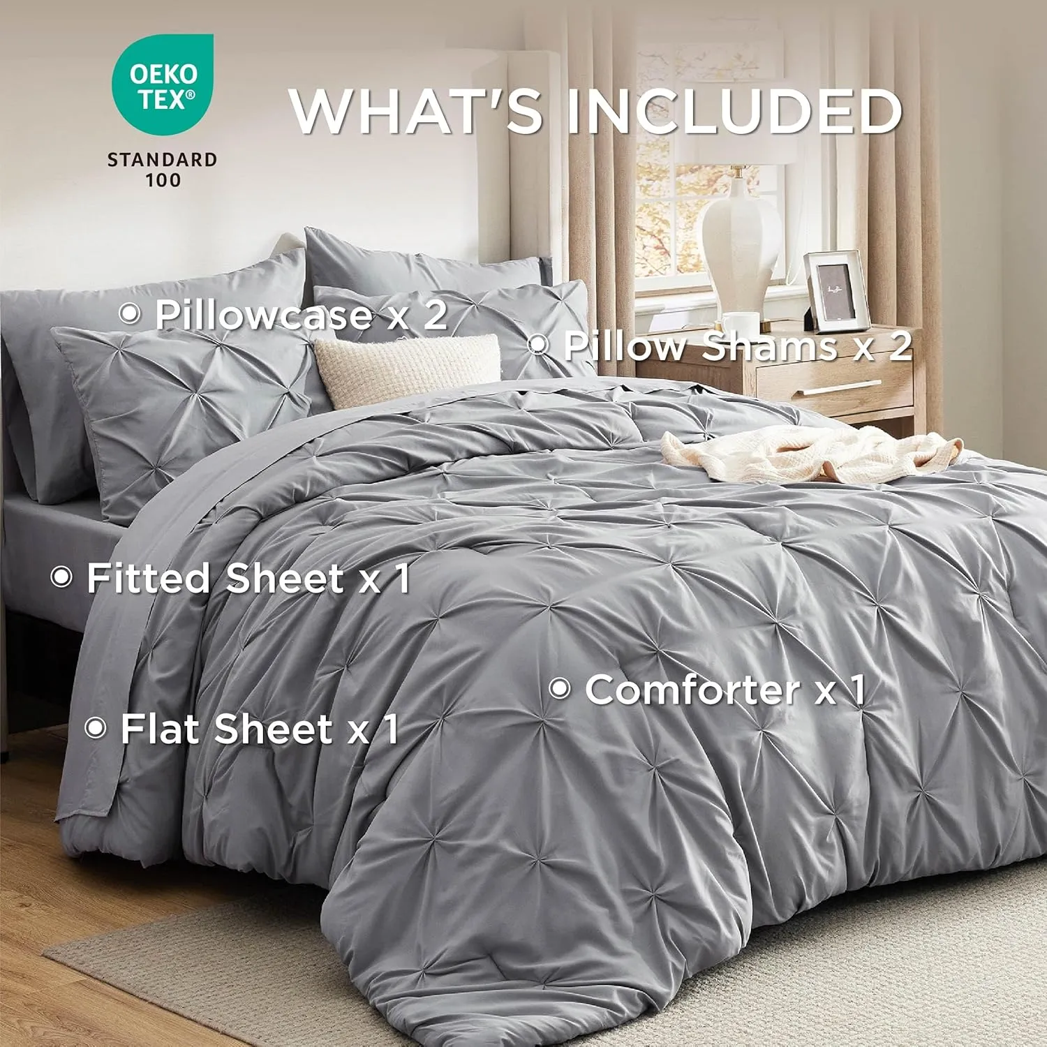 Bedsure Queen Comforter Set Grey - Bed in a Bag Queen Size 7 Pieces, GentleSoft™ Pintuck Bed Set Gift for Family, Pinch Pleat Grey Comforter with Sheets, Pillowcases & Shams