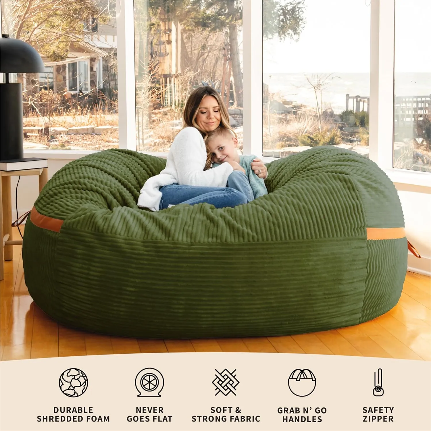 Big Joe Fuf XXL Foam Filled Bean Bag Chair with Removable Cover, Moss Green Corded Plush, 6 feet Giant