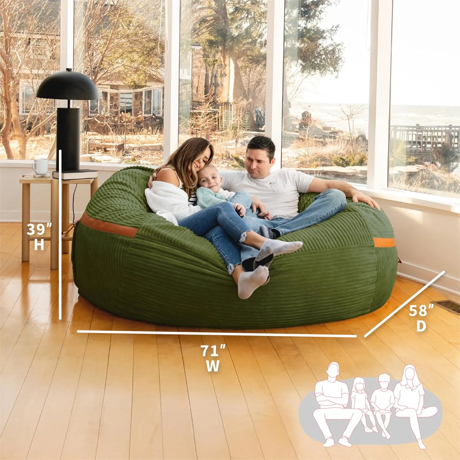 Big Joe Fuf XXL Foam Filled Bean Bag Chair with Removable Cover, Moss Green Corded Plush, 6 feet Giant