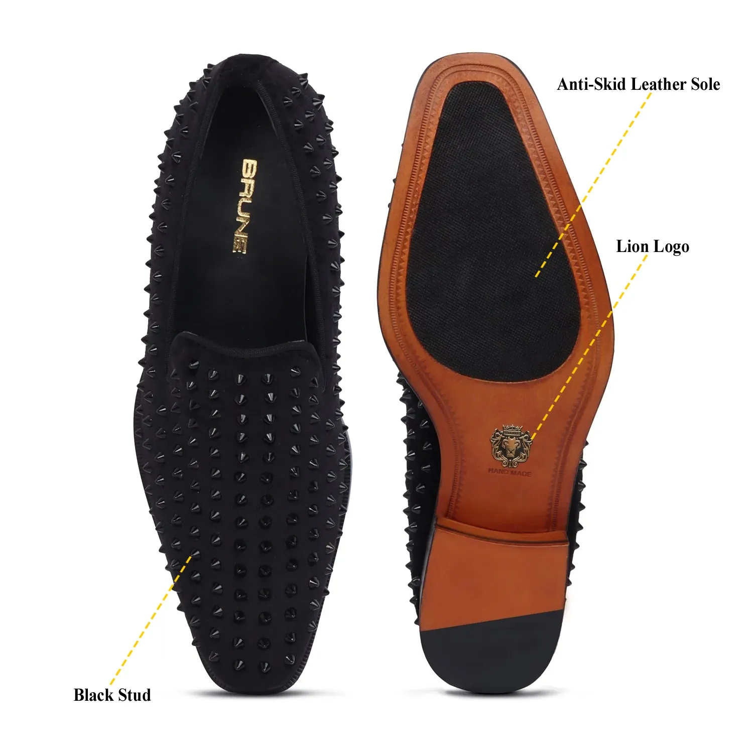 Black Studded Sleek Toe Italian Velvet Loafer For Men by Brune & Bareskin