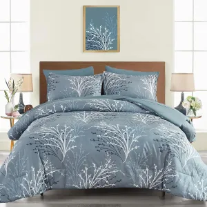 Branch Comforter Set Queen Blue Floral Bed in a Bag - 7 Piece Branch Leaves Microfiber Botanical Bedding Set for All Season (1 Comforter, 2 Pillow Shams, 2 Pillowcases, 1 Flat Sheet, 1 Fitted Sheet)