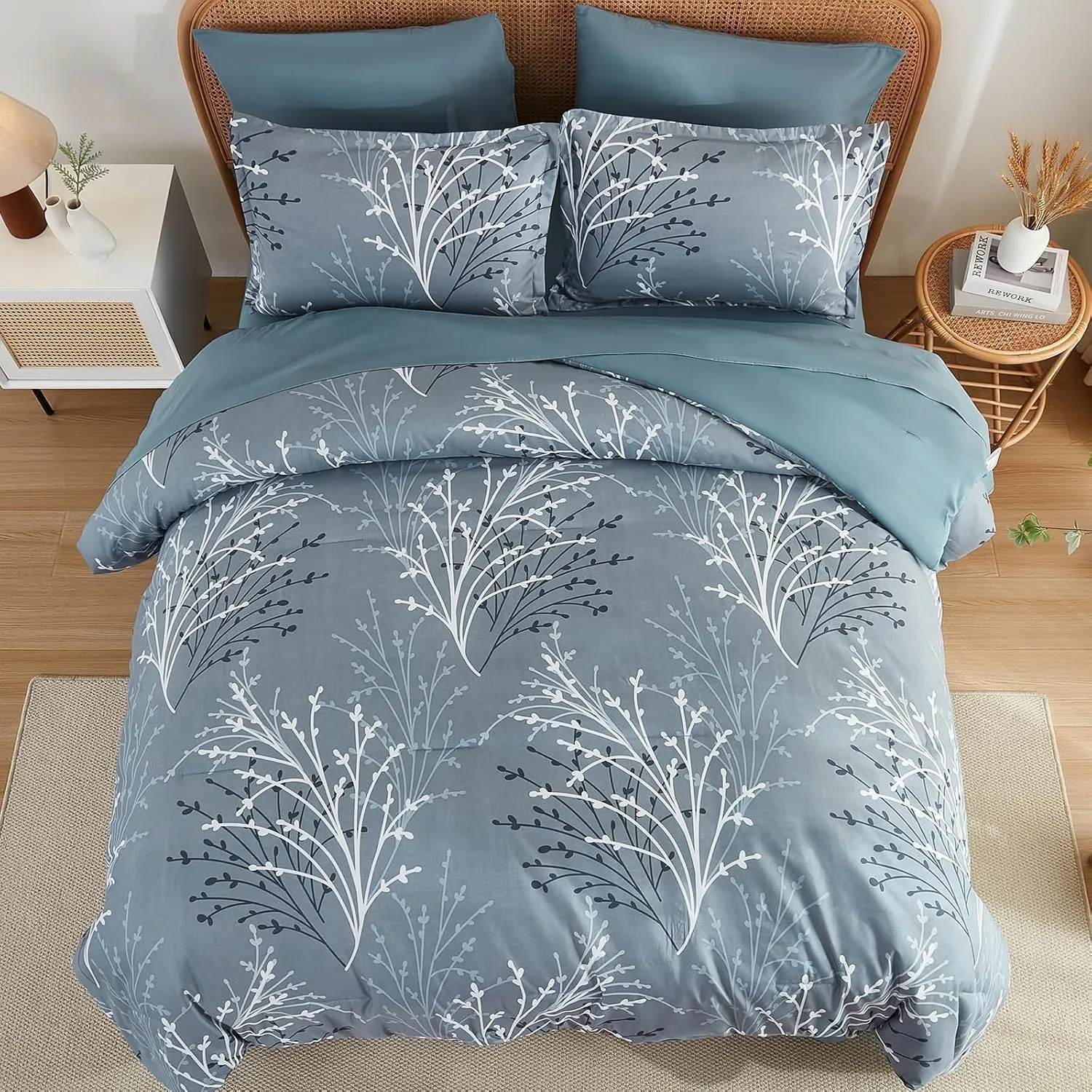 Branch Comforter Set Queen Blue Floral Bed in a Bag - 7 Piece Branch Leaves Microfiber Botanical Bedding Set for All Season (1 Comforter, 2 Pillow Shams, 2 Pillowcases, 1 Flat Sheet, 1 Fitted Sheet)