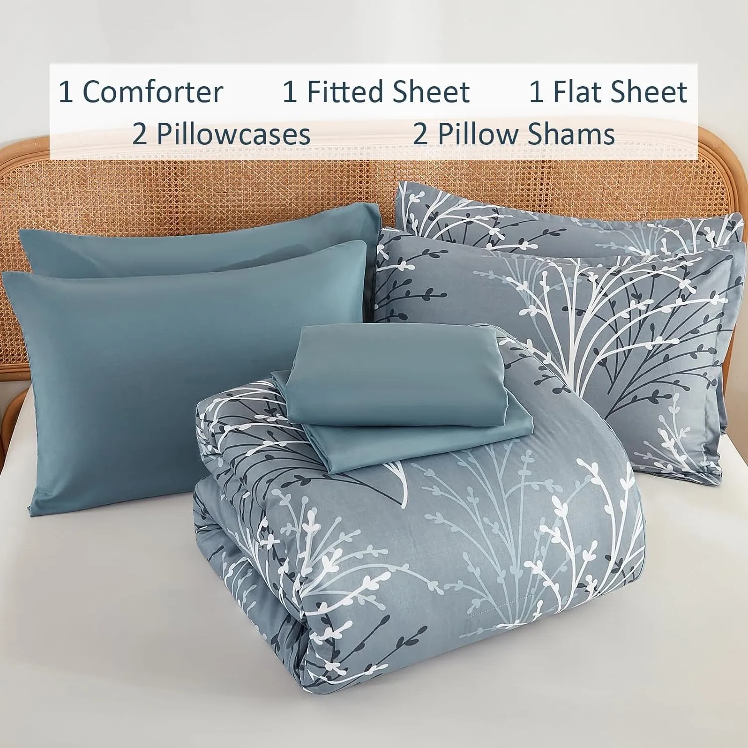 Branch Comforter Set Queen Blue Floral Bed in a Bag - 7 Piece Branch Leaves Microfiber Botanical Bedding Set for All Season (1 Comforter, 2 Pillow Shams, 2 Pillowcases, 1 Flat Sheet, 1 Fitted Sheet)