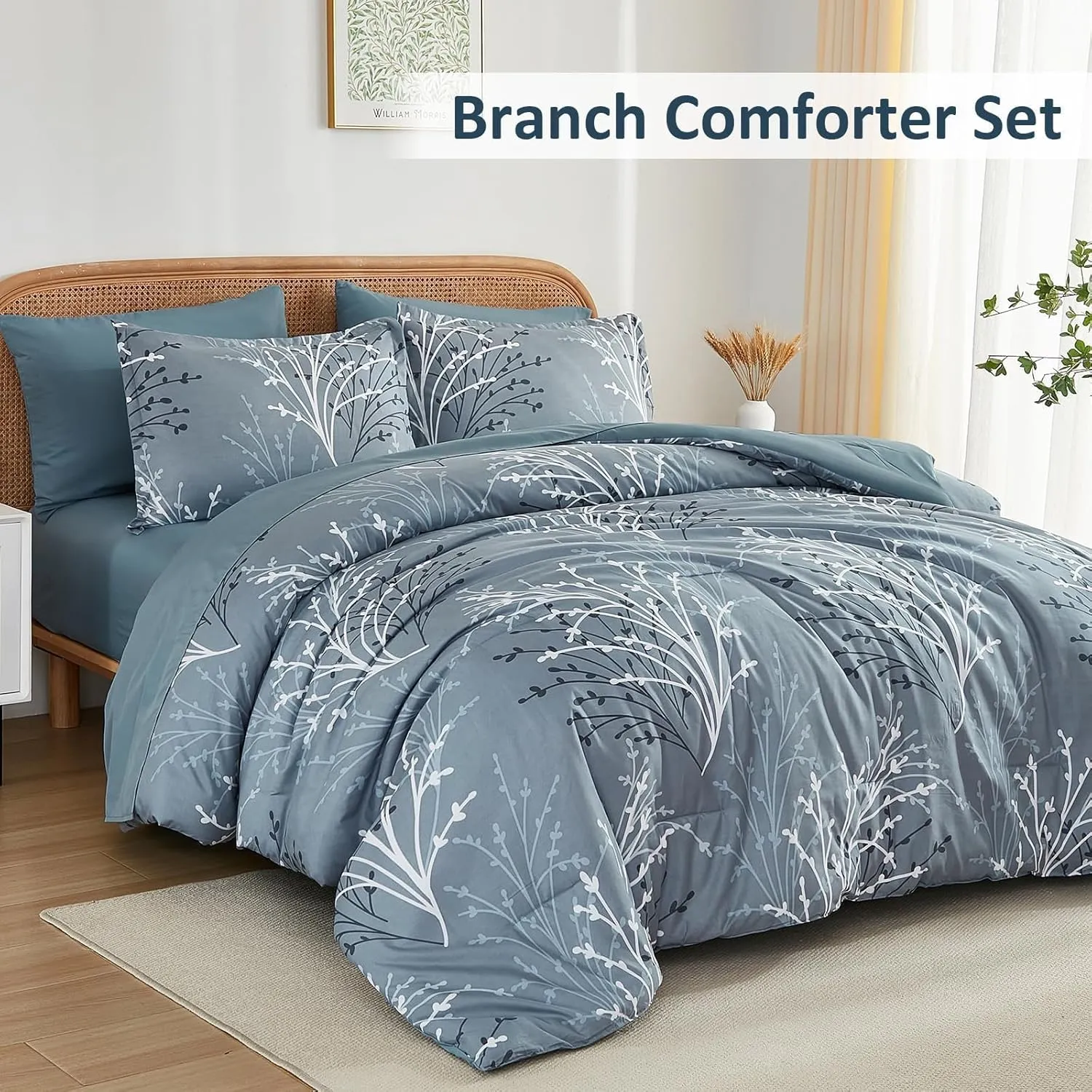 Branch Comforter Set Queen Blue Floral Bed in a Bag - 7 Piece Branch Leaves Microfiber Botanical Bedding Set for All Season (1 Comforter, 2 Pillow Shams, 2 Pillowcases, 1 Flat Sheet, 1 Fitted Sheet)
