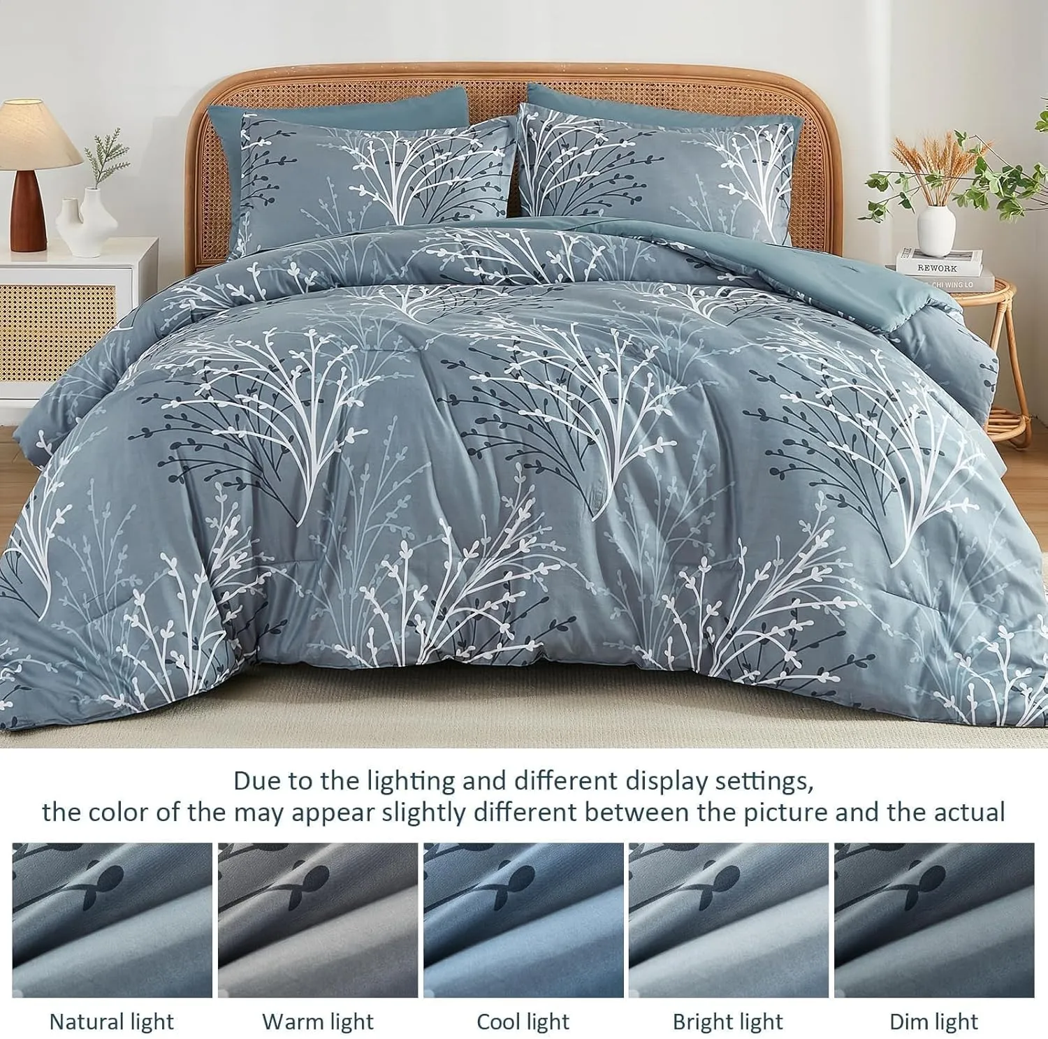 Branch Comforter Set Queen Blue Floral Bed in a Bag - 7 Piece Branch Leaves Microfiber Botanical Bedding Set for All Season (1 Comforter, 2 Pillow Shams, 2 Pillowcases, 1 Flat Sheet, 1 Fitted Sheet)