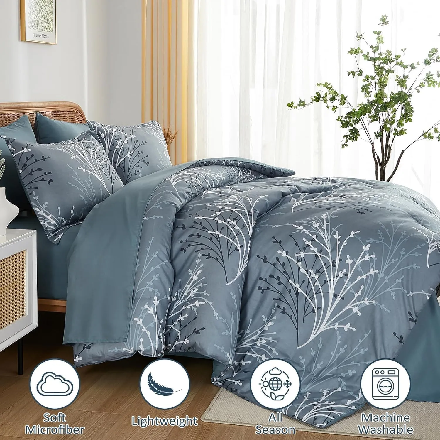 Branch Comforter Set Queen Blue Floral Bed in a Bag - 7 Piece Branch Leaves Microfiber Botanical Bedding Set for All Season (1 Comforter, 2 Pillow Shams, 2 Pillowcases, 1 Flat Sheet, 1 Fitted Sheet)