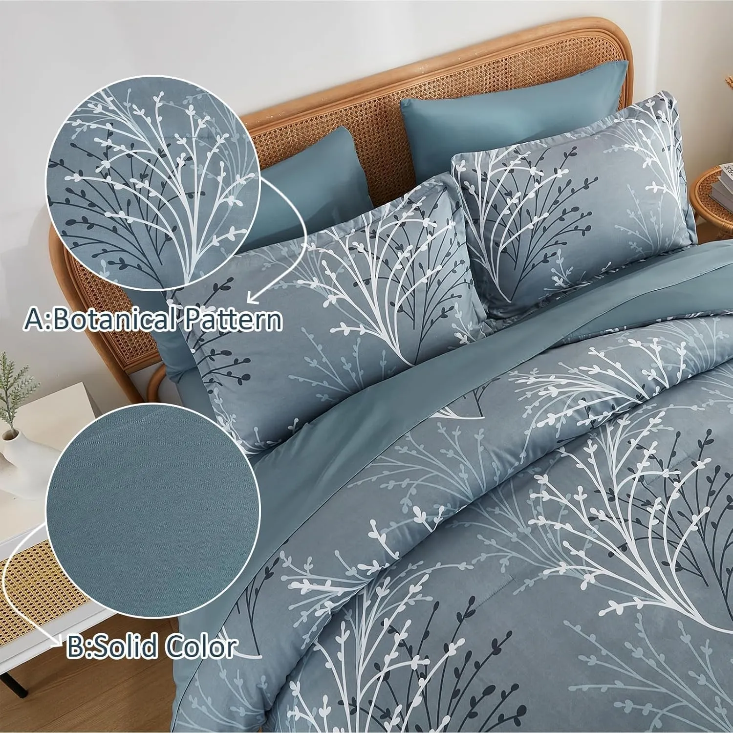 Branch Comforter Set Queen Blue Floral Bed in a Bag - 7 Piece Branch Leaves Microfiber Botanical Bedding Set for All Season (1 Comforter, 2 Pillow Shams, 2 Pillowcases, 1 Flat Sheet, 1 Fitted Sheet)