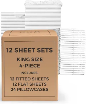 Bulk Case Pack of 12 Sheet Sets - (12) Complete Sheet Sets - Bulk King Bedding - Wholesale Case Pack for Hotels, Spa & Airbnbs - Deep Pocket, Fade & Wrinkle Free - Cooling & Breathable - King, White