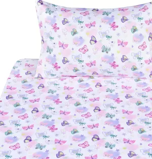 Butterfly in Wonderland Purple Pink Cute Twin 100% Cotton 3 Pieces Sheet Set for Kids Girls Children, Flat Sheet   Fitted Sheet   Pillowcase Bedding Decoration Gift Set