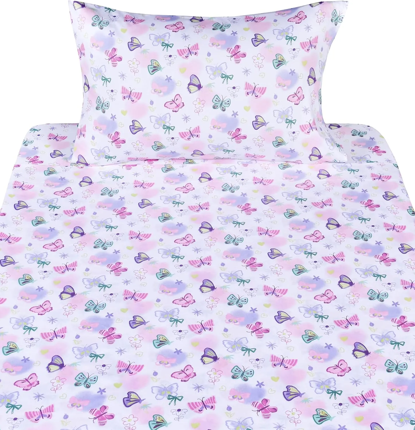 Butterfly in Wonderland Purple Pink Cute Twin 100% Cotton 3 Pieces Sheet Set for Kids Girls Children, Flat Sheet   Fitted Sheet   Pillowcase Bedding Decoration Gift Set