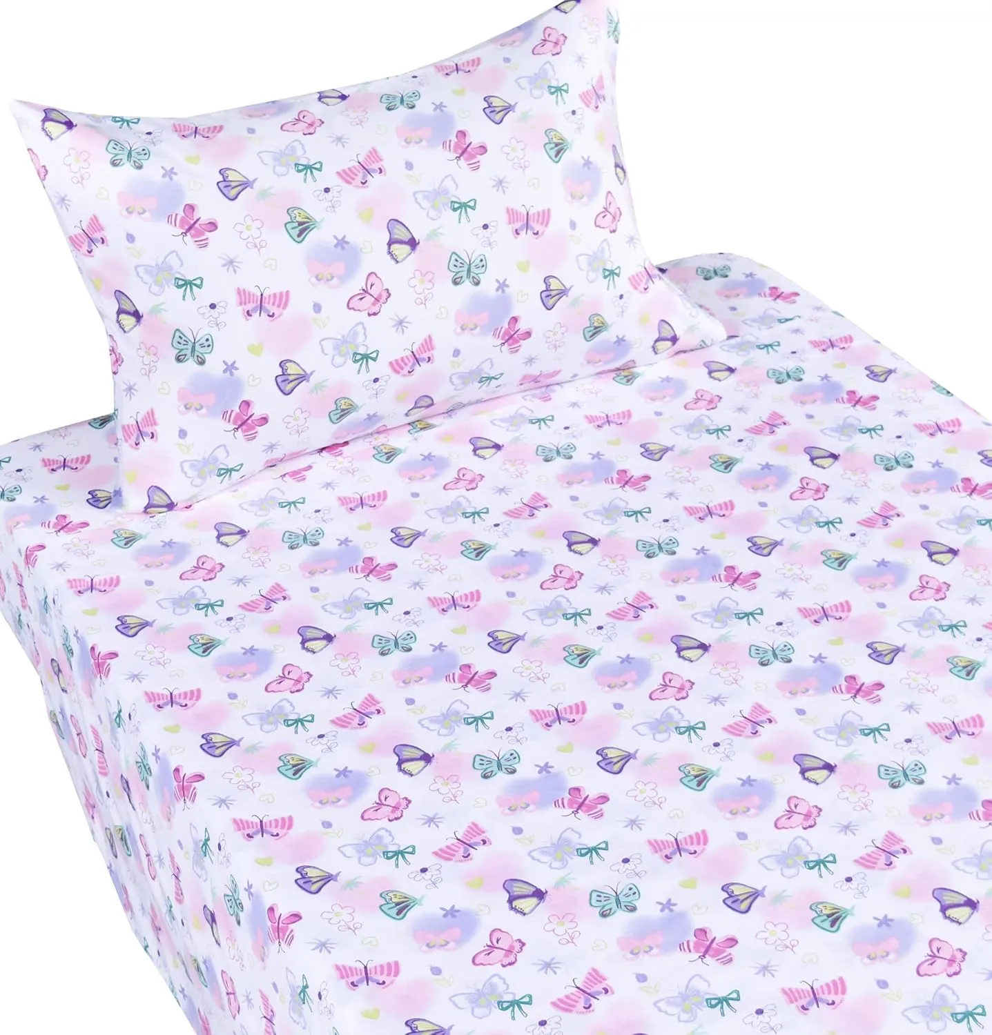 Butterfly in Wonderland Purple Pink Cute Twin 100% Cotton 3 Pieces Sheet Set for Kids Girls Children, Flat Sheet   Fitted Sheet   Pillowcase Bedding Decoration Gift Set
