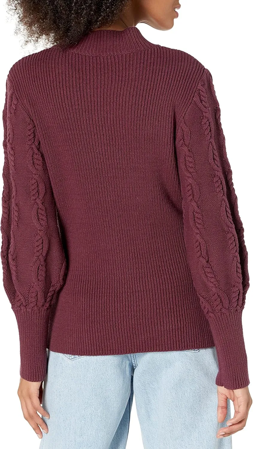 Cable Stitch Women's Cable Sleeve Ribbed Sweater - Mock Neck Long Blouson Lantern Sleeve Pullover Top