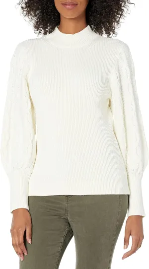 Cable Stitch Women's Cable Sleeve Ribbed Sweater - Mock Neck Long Blouson Lantern Sleeve Pullover Top