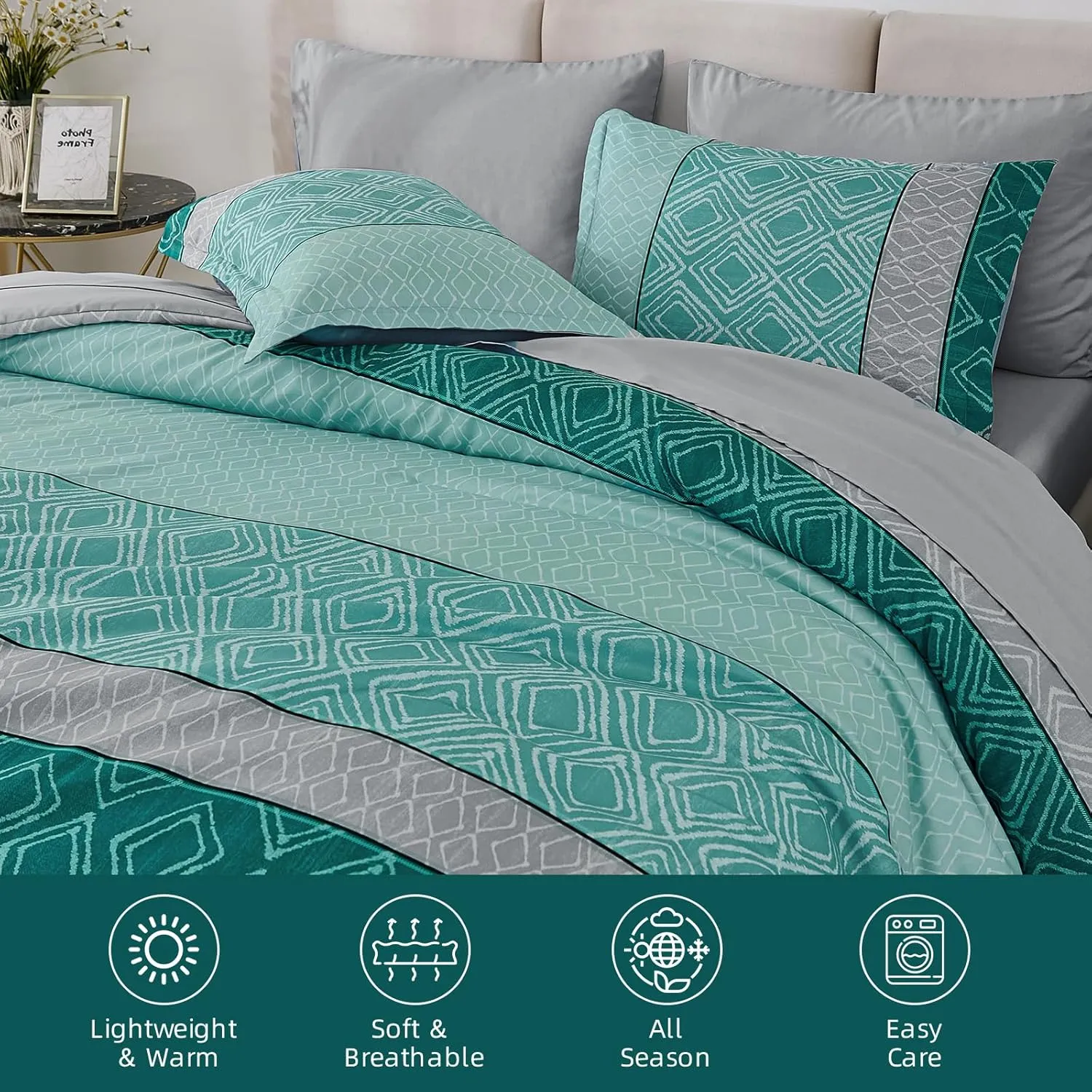 California King Comforter Set Size, Teal Cal King Bed in a Bag Boho Bedding Sets 7 Pieces Striped Oversized Bed Set with Comforters, Sheets, Pillowcases & Shams for Summer Spring