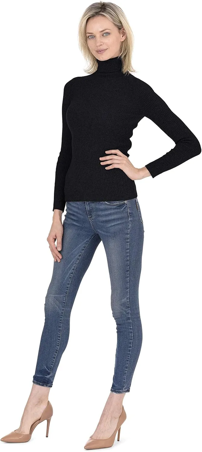Cashmeren Women’s Basic Ribbed Turtleneck Sweater 100% Pure Cashmere Long Sleeve Roll Neck Pullover