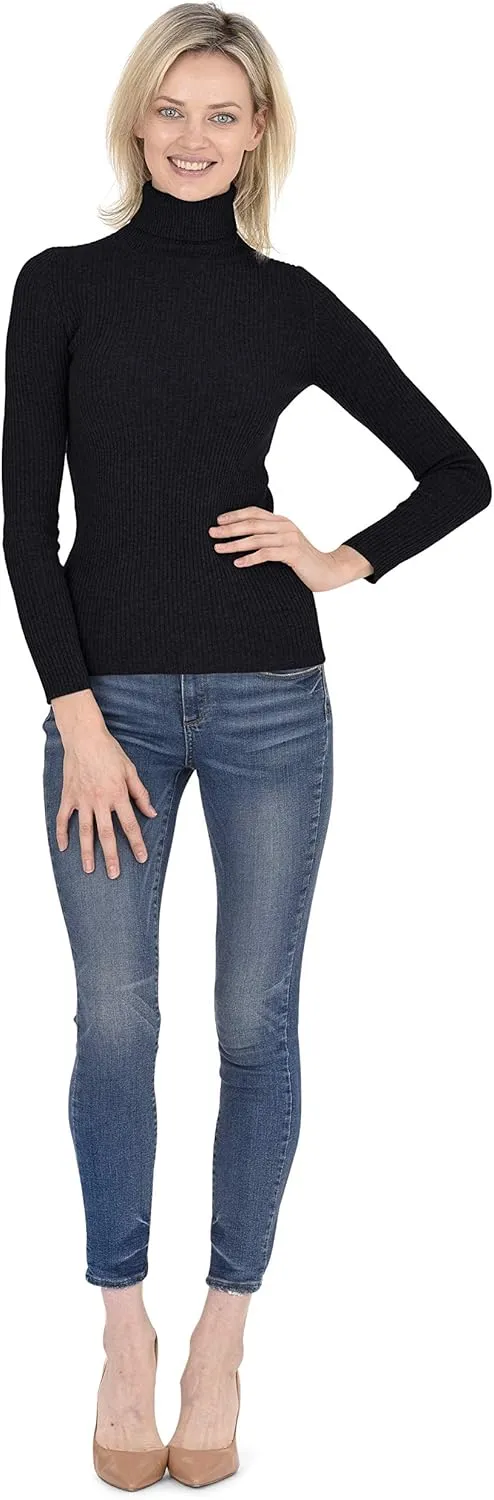 Cashmeren Women’s Basic Ribbed Turtleneck Sweater 100% Pure Cashmere Long Sleeve Roll Neck Pullover