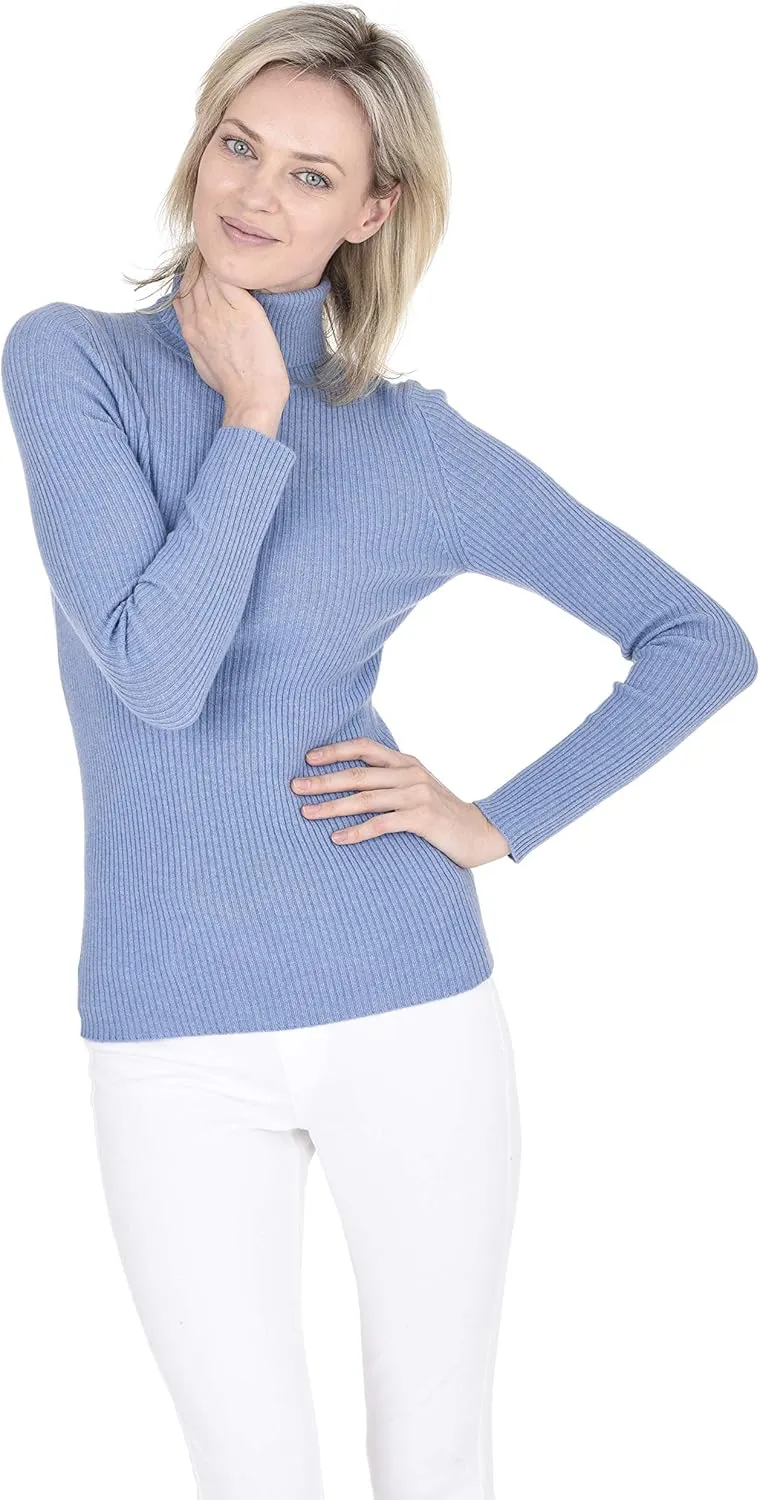 Cashmeren Women’s Basic Ribbed Turtleneck Sweater 100% Pure Cashmere Long Sleeve Roll Neck Pullover
