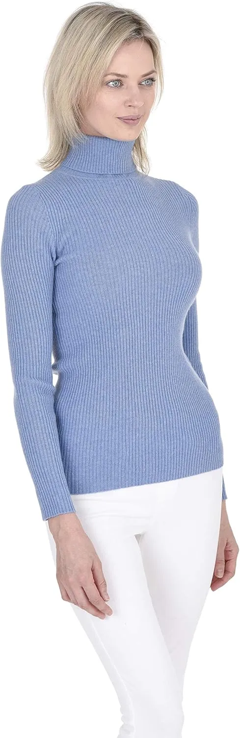 Cashmeren Women’s Basic Ribbed Turtleneck Sweater 100% Pure Cashmere Long Sleeve Roll Neck Pullover