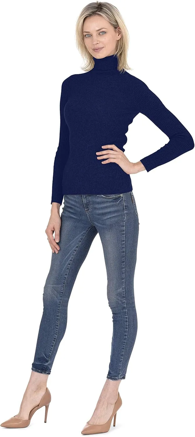 Cashmeren Women’s Basic Ribbed Turtleneck Sweater 100% Pure Cashmere Long Sleeve Roll Neck Pullover