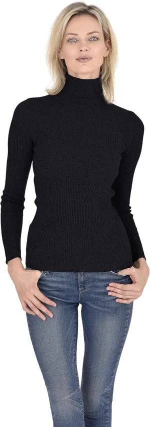 Cashmeren Women’s Basic Ribbed Turtleneck Sweater 100% Pure Cashmere Long Sleeve Roll Neck Pullover