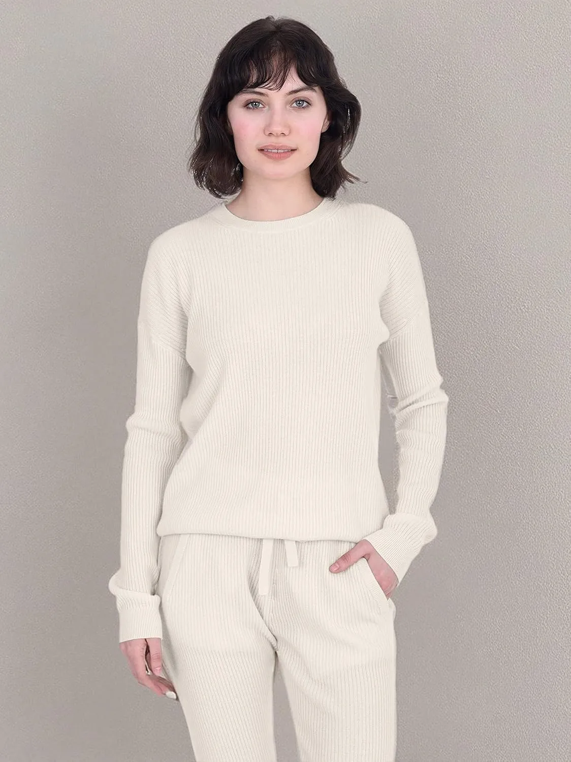 Cashmeren Women’s Ribbed Loungewear Set 100% Pure Cashmere Long Sleeve Sweater and Joggers (Tops and Bottoms Sold Separately)