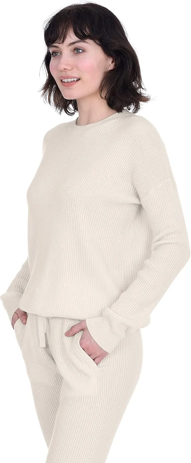 Cashmeren Women’s Ribbed Loungewear Set 100% Pure Cashmere Long Sleeve Sweater and Joggers (Tops and Bottoms Sold Separately)