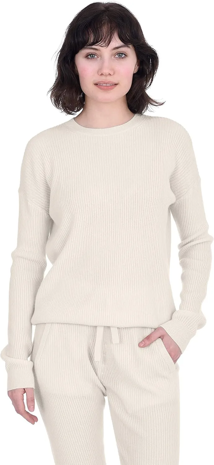 Cashmeren Women’s Ribbed Loungewear Set 100% Pure Cashmere Long Sleeve Sweater and Joggers (Tops and Bottoms Sold Separately)