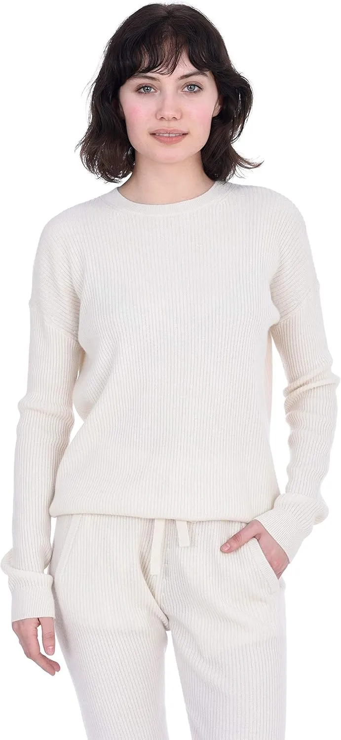 Cashmeren Women’s Ribbed Loungewear Set 100% Pure Cashmere Long Sleeve Sweater and Joggers (Tops and Bottoms Sold Separately)