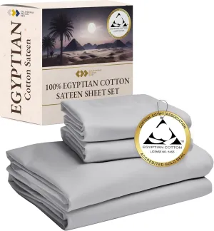 Certified Luxury 100% Egyptian Cotton Bedsheets, California King Bed Sheets, Bedding Sheets & Pillowcases Set, Sateen Cool Sheets for Hot Sleepers, Light Grey Sheets