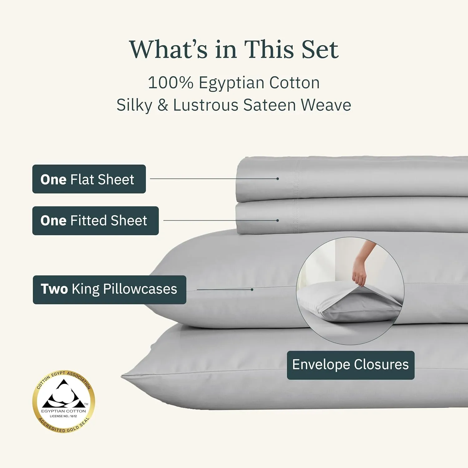 Certified Luxury 100% Egyptian Cotton Bedsheets, California King Bed Sheets, Bedding Sheets & Pillowcases Set, Sateen Cool Sheets for Hot Sleepers, Light Grey Sheets