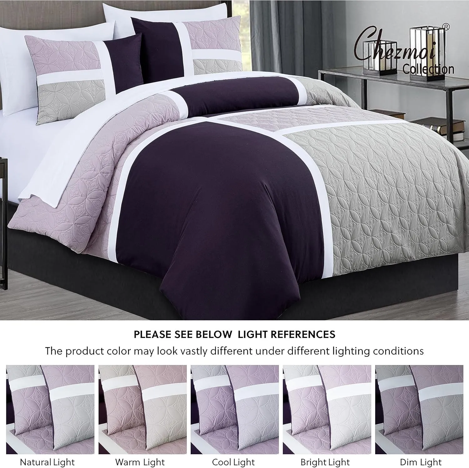 Chezmoi Collection Bernard 7-Piece Queen Bed in a Bag Comforter Set with Sheets - Lightweight Comforter Lavender Purple Gray Patchwork Quilted Medallion Bedding Set for All Season