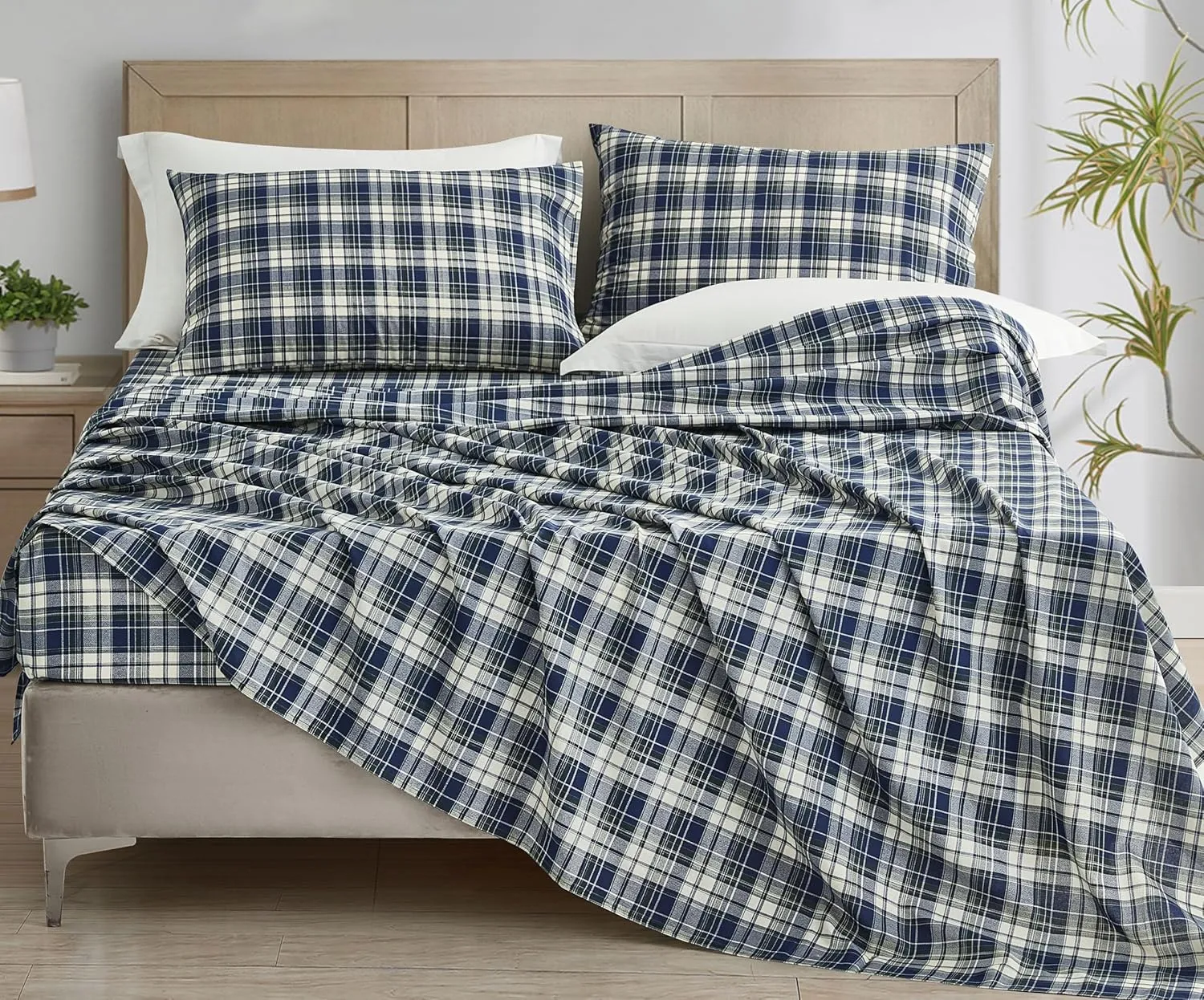 Chezmoi Collection Chad 4-Piece Plaid Cotton Sheet Set King- Blue Green Light Beige Plaid Printed 100% Cotton Bed Sheets