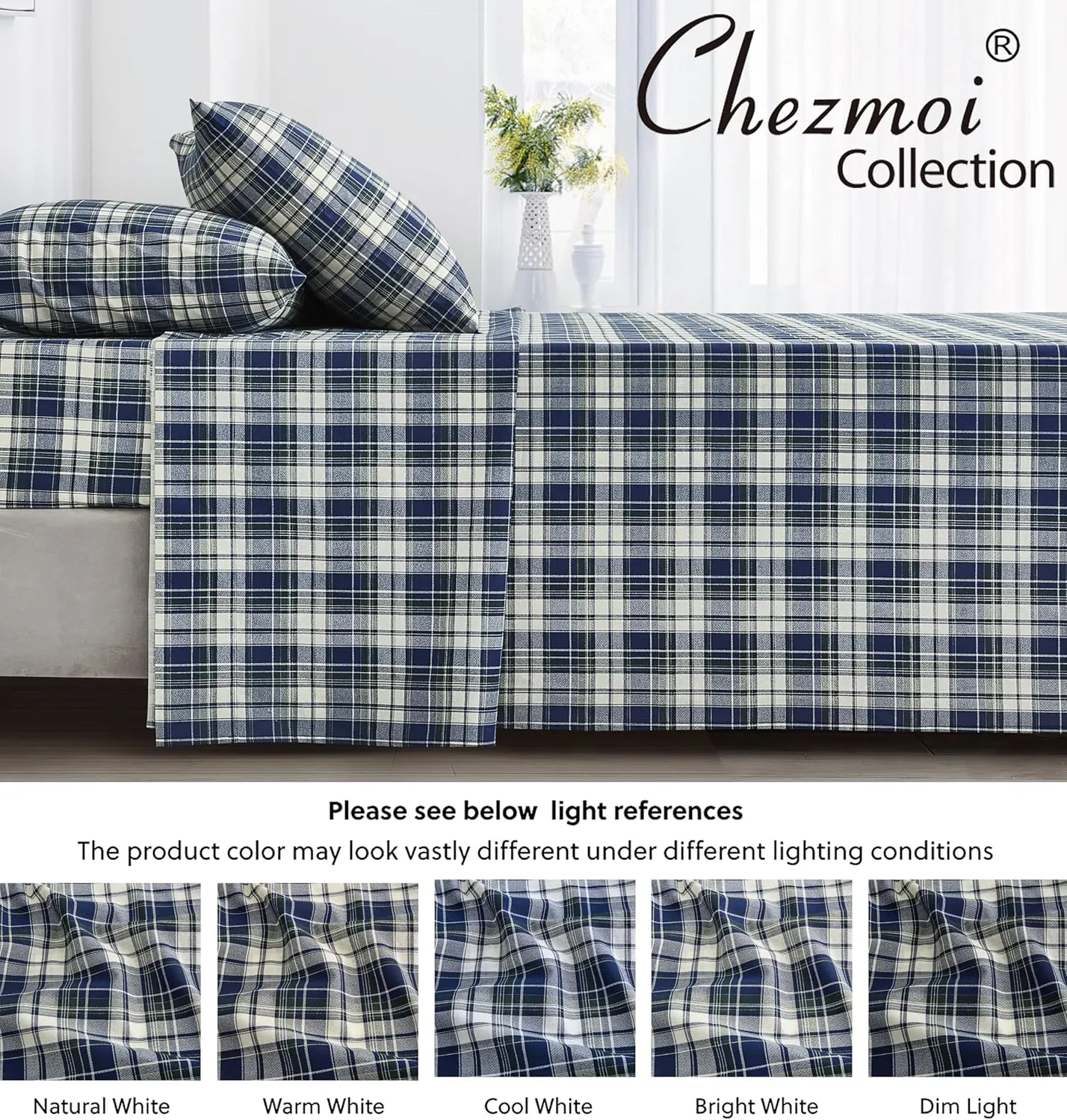 Chezmoi Collection Chad 4-Piece Plaid Cotton Sheet Set King- Blue Green Light Beige Plaid Printed 100% Cotton Bed Sheets