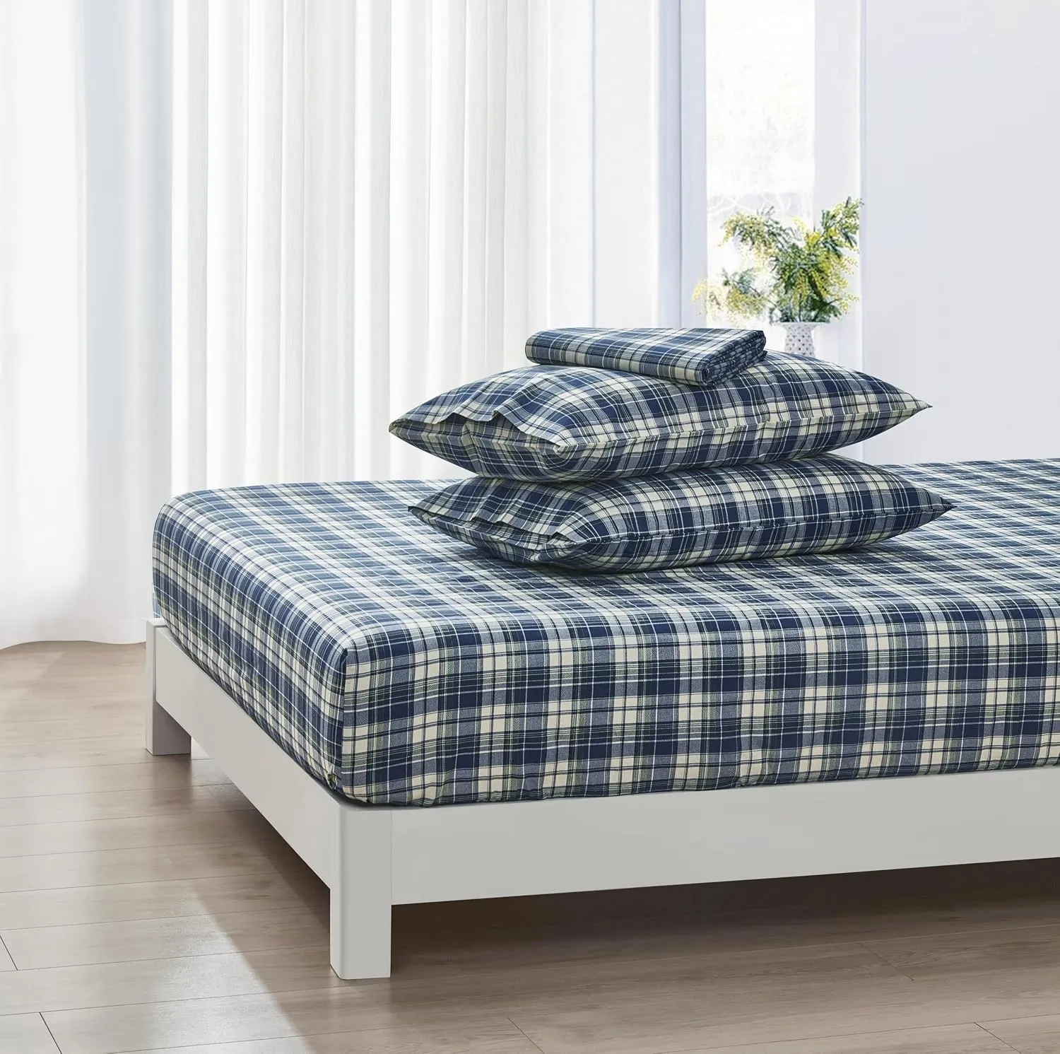 Chezmoi Collection Chad 4-Piece Plaid Cotton Sheet Set King- Blue Green Light Beige Plaid Printed 100% Cotton Bed Sheets