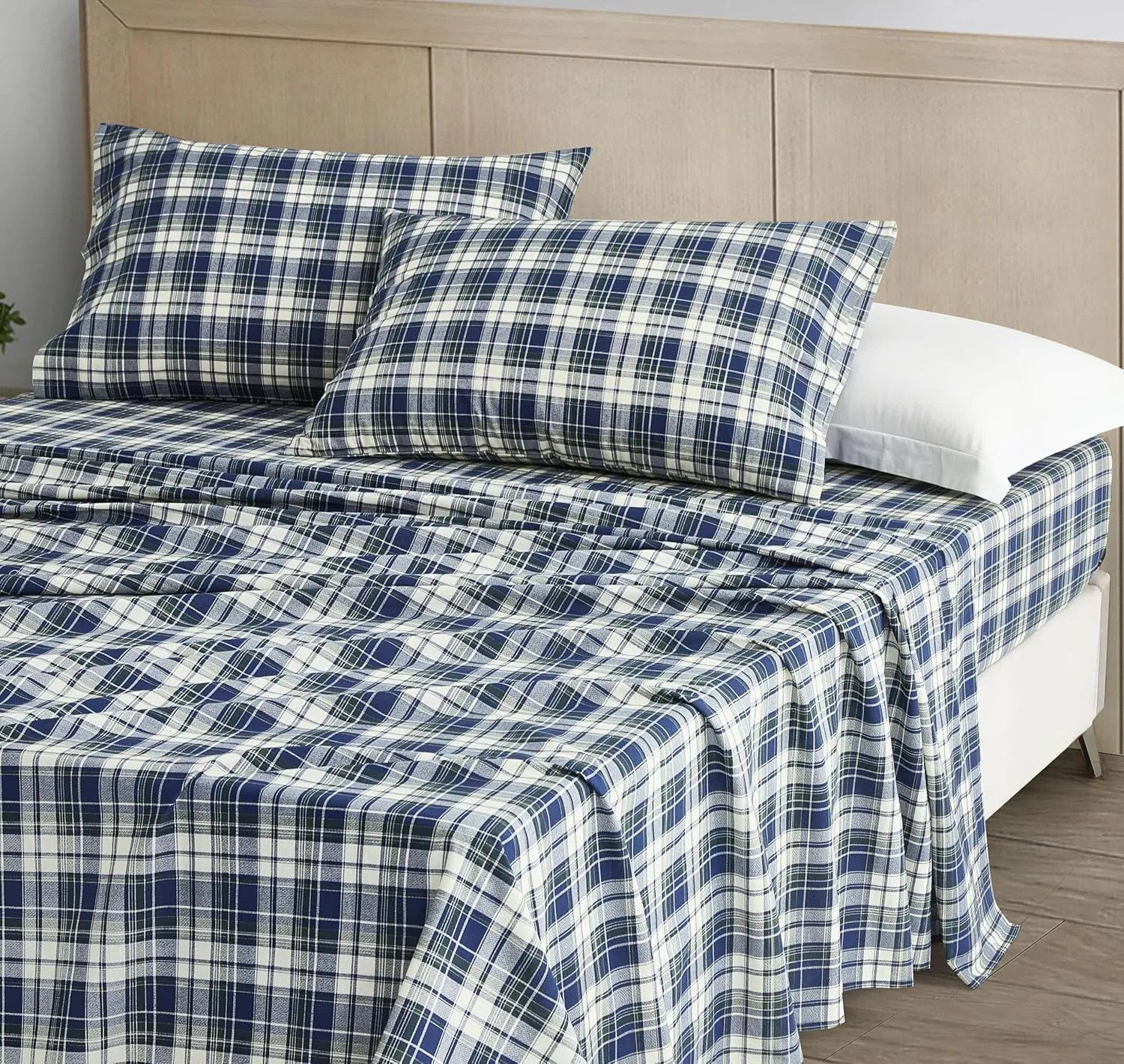 Chezmoi Collection Chad 4-Piece Plaid Cotton Sheet Set King- Blue Green Light Beige Plaid Printed 100% Cotton Bed Sheets