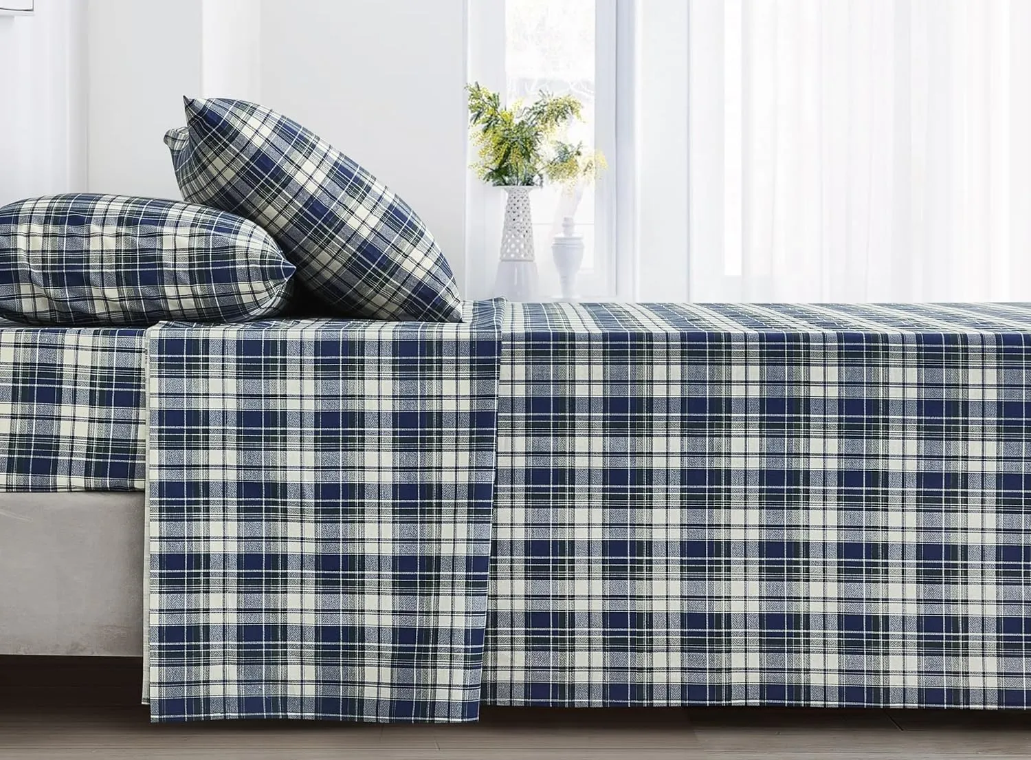 Chezmoi Collection Chad 4-Piece Plaid Cotton Sheet Set King- Blue Green Light Beige Plaid Printed 100% Cotton Bed Sheets