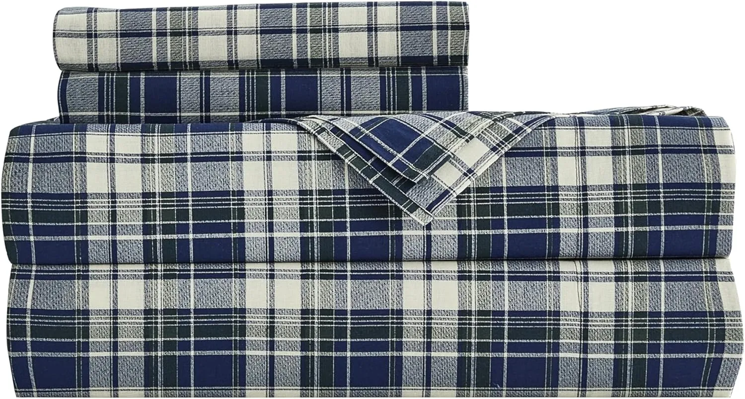 Chezmoi Collection Chad 4-Piece Plaid Cotton Sheet Set King- Blue Green Light Beige Plaid Printed 100% Cotton Bed Sheets