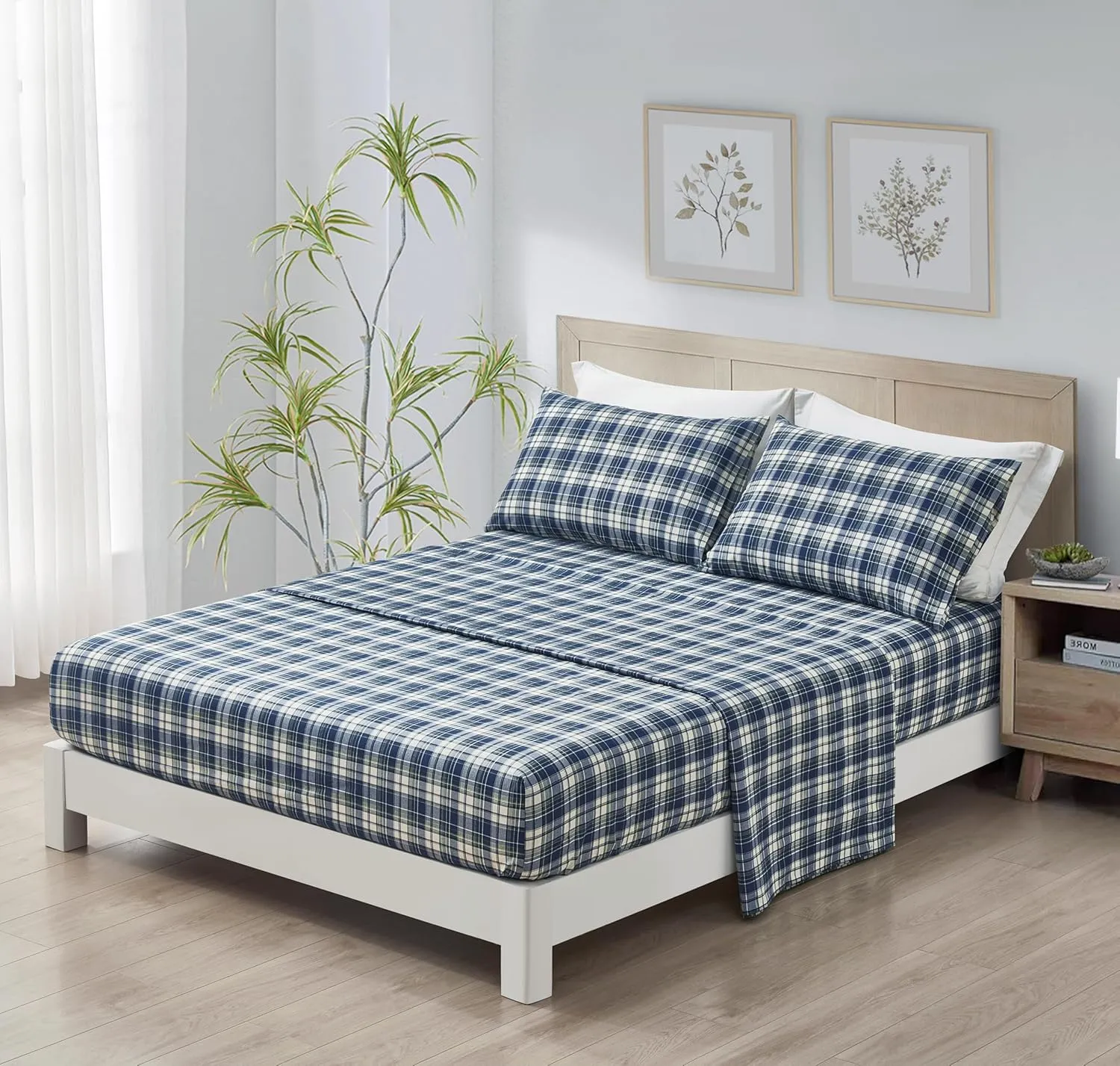 Chezmoi Collection Chad 4-Piece Plaid Cotton Sheet Set King- Blue Green Light Beige Plaid Printed 100% Cotton Bed Sheets