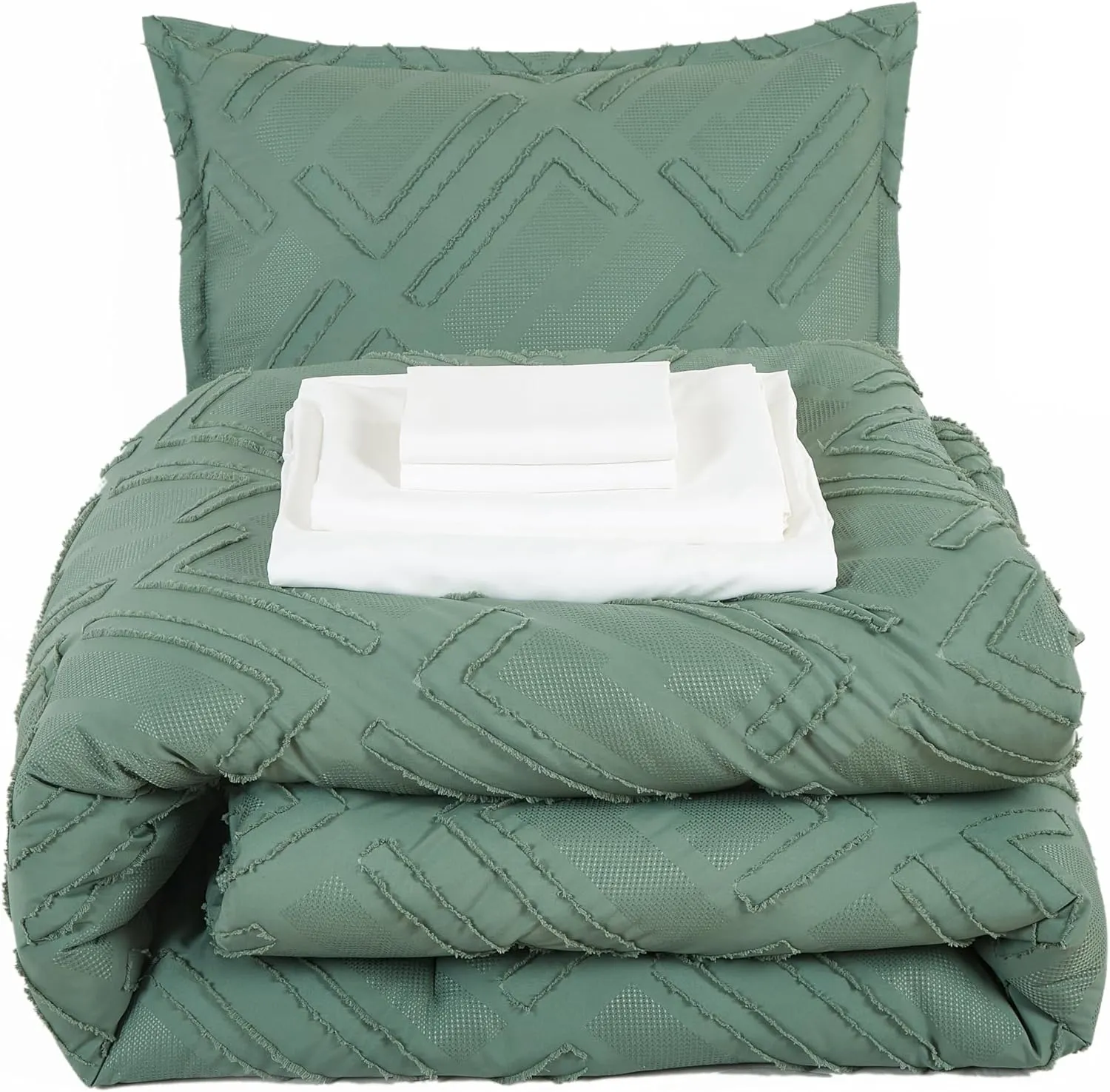 Chezmoi Collection Denise Green Clip Jacquard Geometric 7-Piece Bed in a Bag Comforter Set, Queen - Striped Pattern Waffle Textured Bedding with Sheets Set